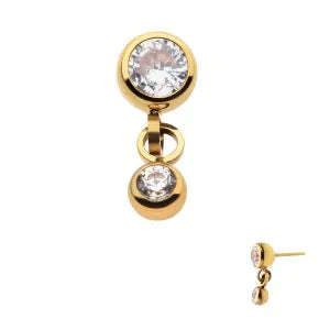 24Kt Gold PVD Titanium Threadless Double Bezel Set CZ Dangle Top