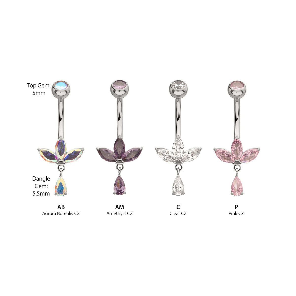 Titanium Internally Threaded Triple Marquise Gem Fan Navel with Floating Teardrop Gem Dangle