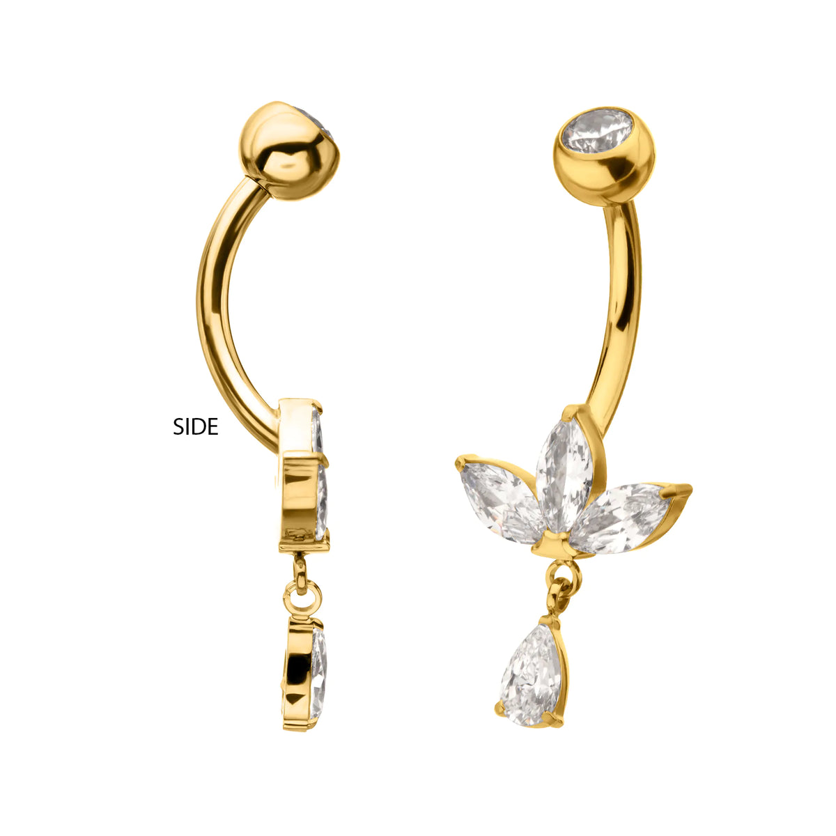 24kt Gold PVD Titanium Internally Threaded Triple Marquise Gem Fan Navel with Floating Teardrop Gem Dangle