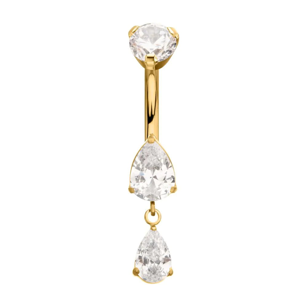 24Kt Gold PVD Titanium Internally Threaded Double Teardrop Prong Set Gem Dangle Navel