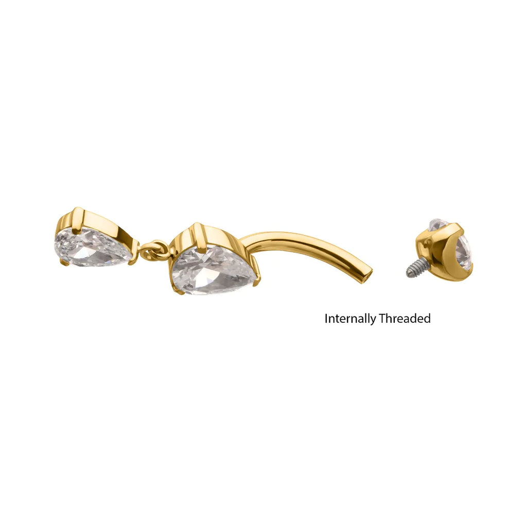 24Kt Gold PVD Titanium Internally Threaded Double Teardrop Prong Set Gem Dangle Navel
