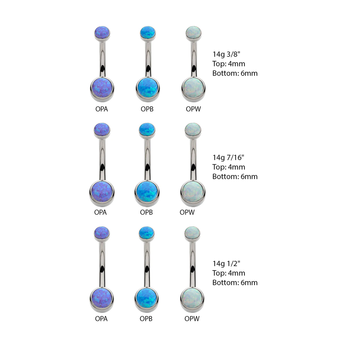 Titanium Internally Threaded with Bezel Set Double Opal Smooth Rounded Back Navel Curves SKU tib3ni42-opa*