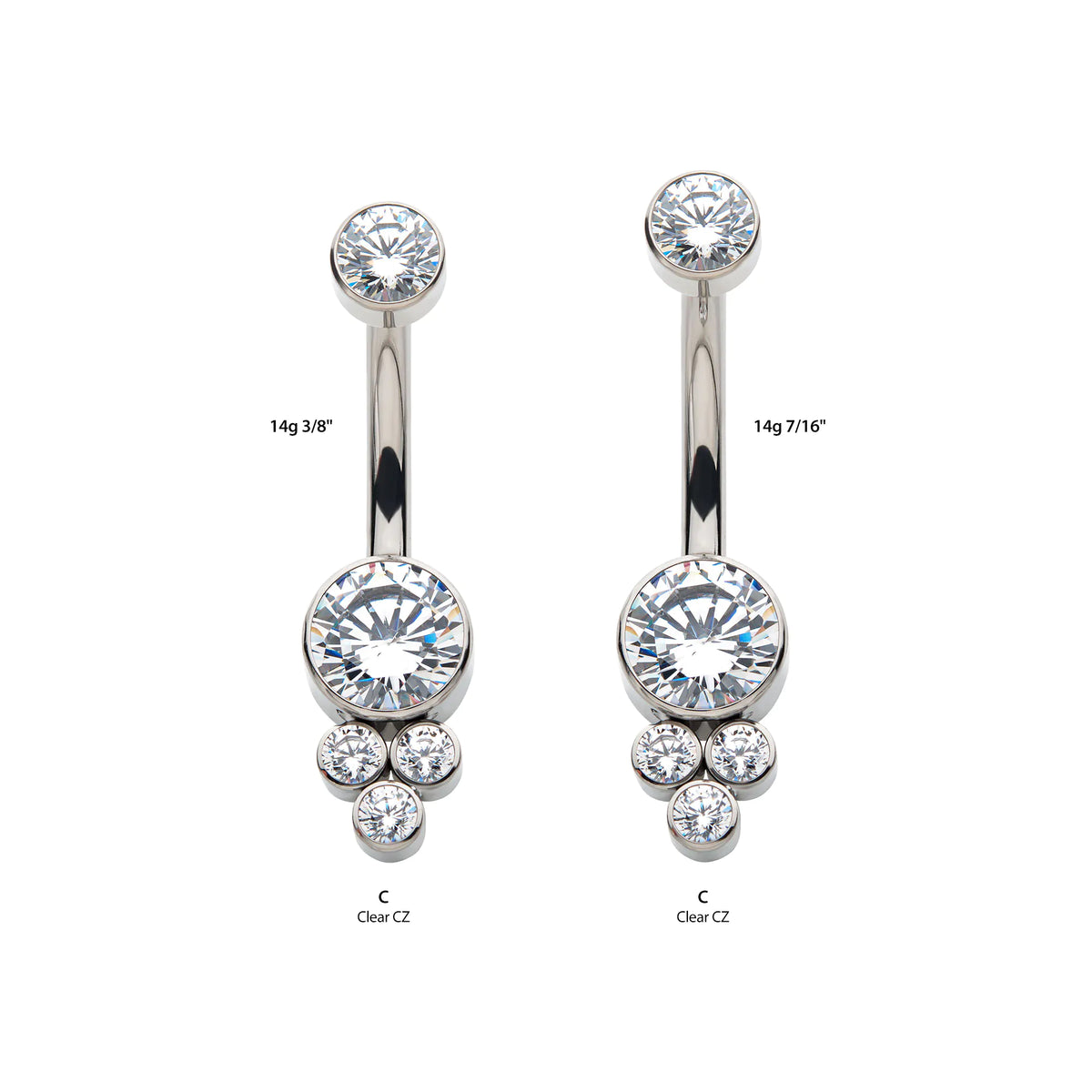 Titanium Internally Threaded with 3 Bezel Set Round Clear CZ Cluster Non-Dangle Navel