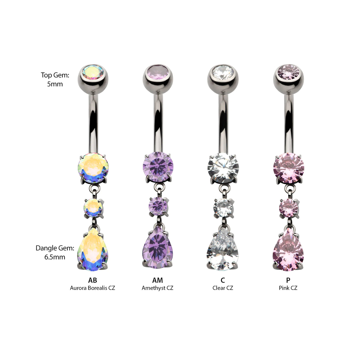 Titanium Internally Threaded Double Round Prong Set Gem with Teardrop Dangle Navel