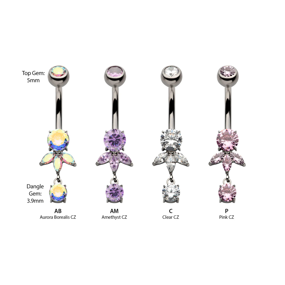 Titanium Internally Threaded Triple Marquise Gem Fan with Floating Round Gem Dangle Navel