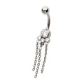 Titanium Internally Threaded Bezel Set Round Gem Cluster Navel with Tri-Bead and Triple Chain Dangle