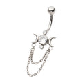 Titanium Internally Threaded Bezel Set Round Gem Triple Moon Phase Navel with 2-Tier Chain Dangle