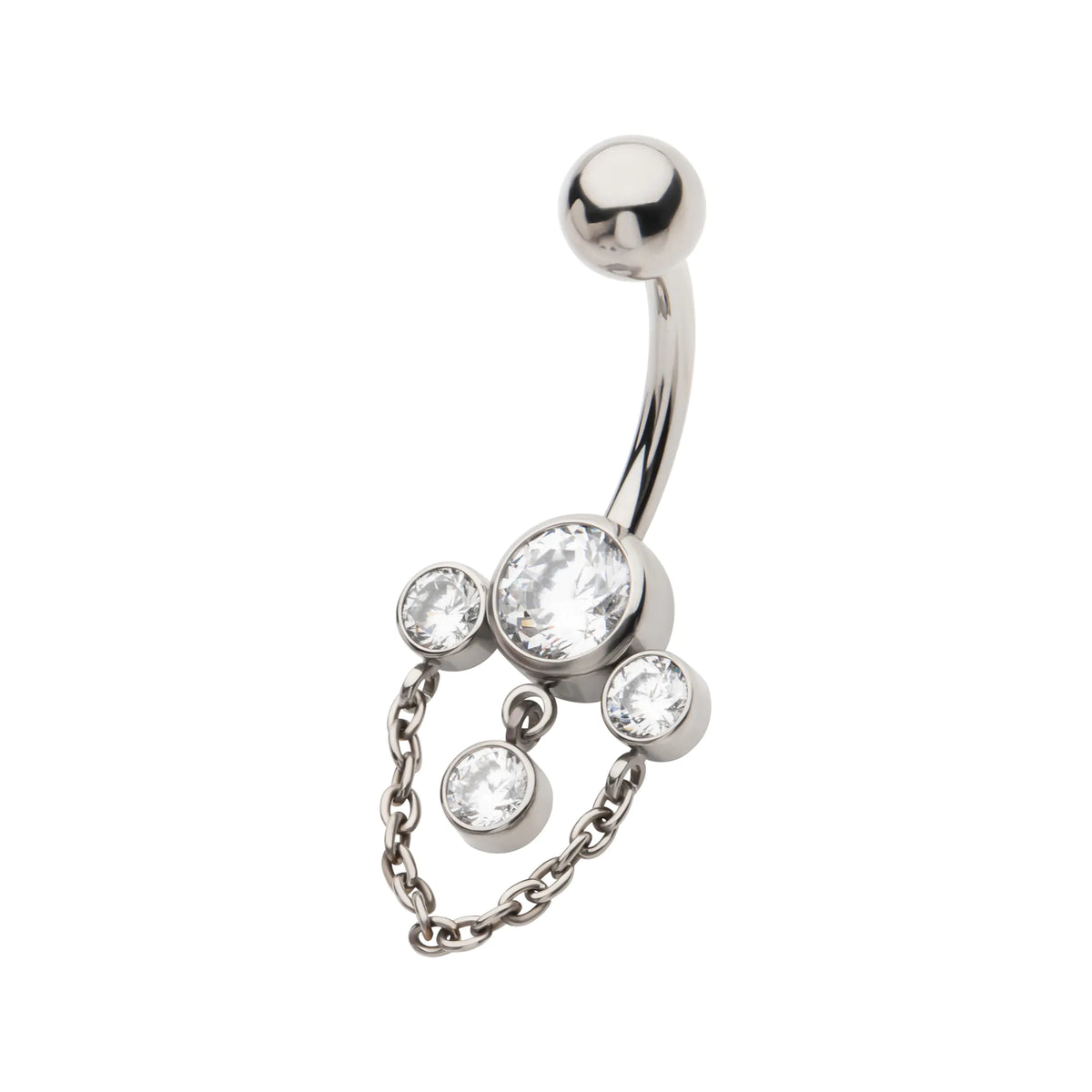 Titanium Internally Threaded Bezel Set Round Gem Fan Navel with Floating Gem and Chain Dangle