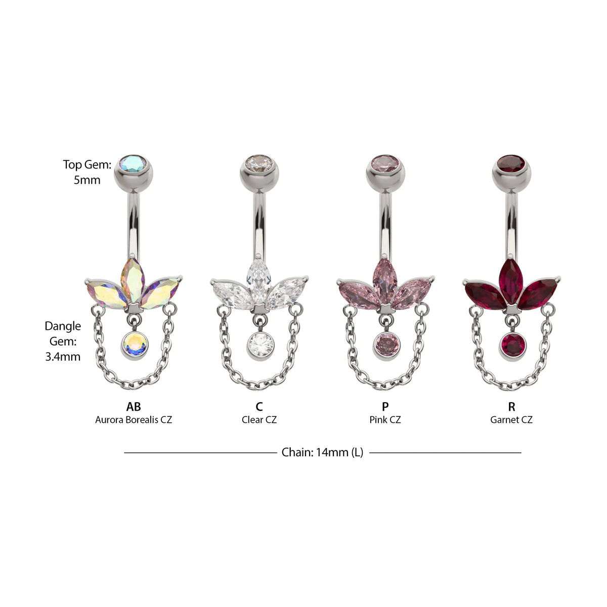 Titanium Internally Threaded Marquise Gem Fan Navel with Floating Gem & Dangle Chain