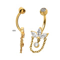 24Kt Gold PVD Titanium Internally Threaded Marquise Gem Fan Navel with Floating Gem & Dangle Chain