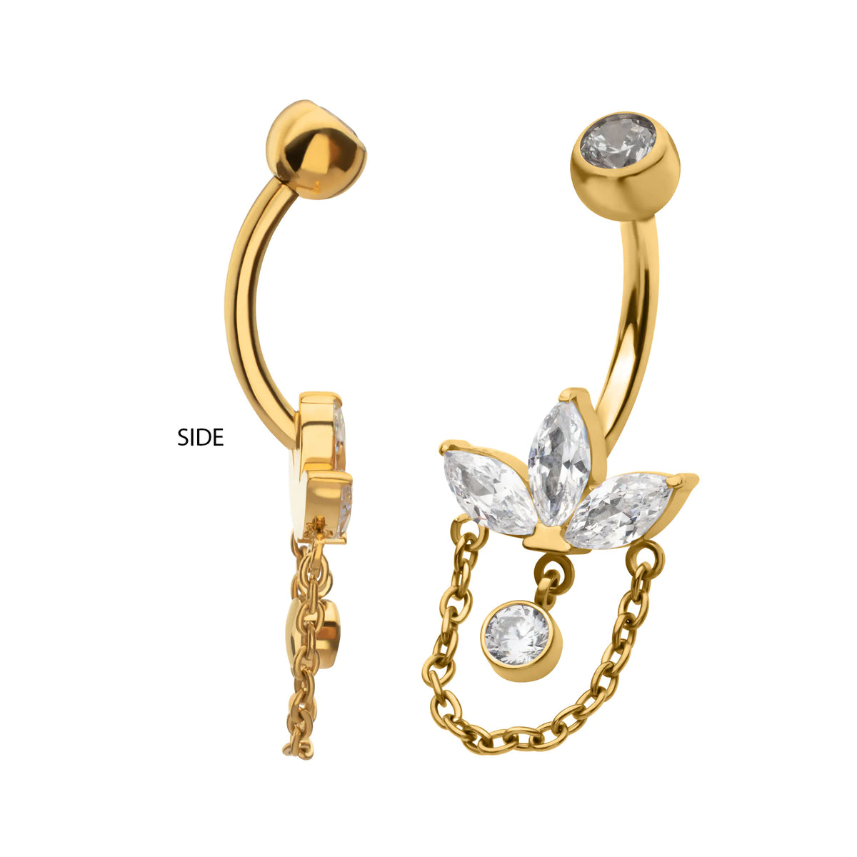 24Kt Gold PVD Titanium Internally Threaded Marquise Gem Fan Navel with Floating Gem & Dangle Chain