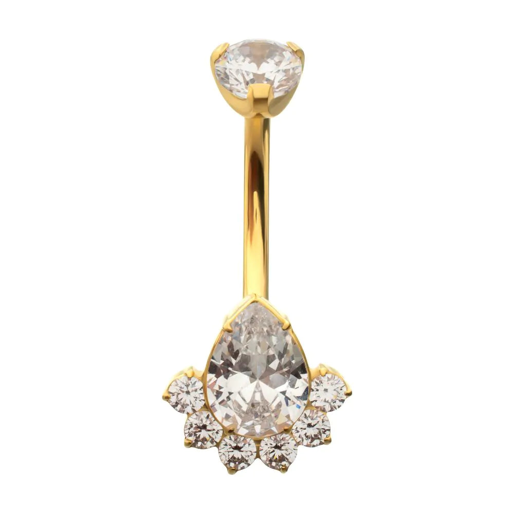 24Kt Gold PVD Titanium Internally Threaded Royal Cluster Teardrop Gem Non-Dangle Navel