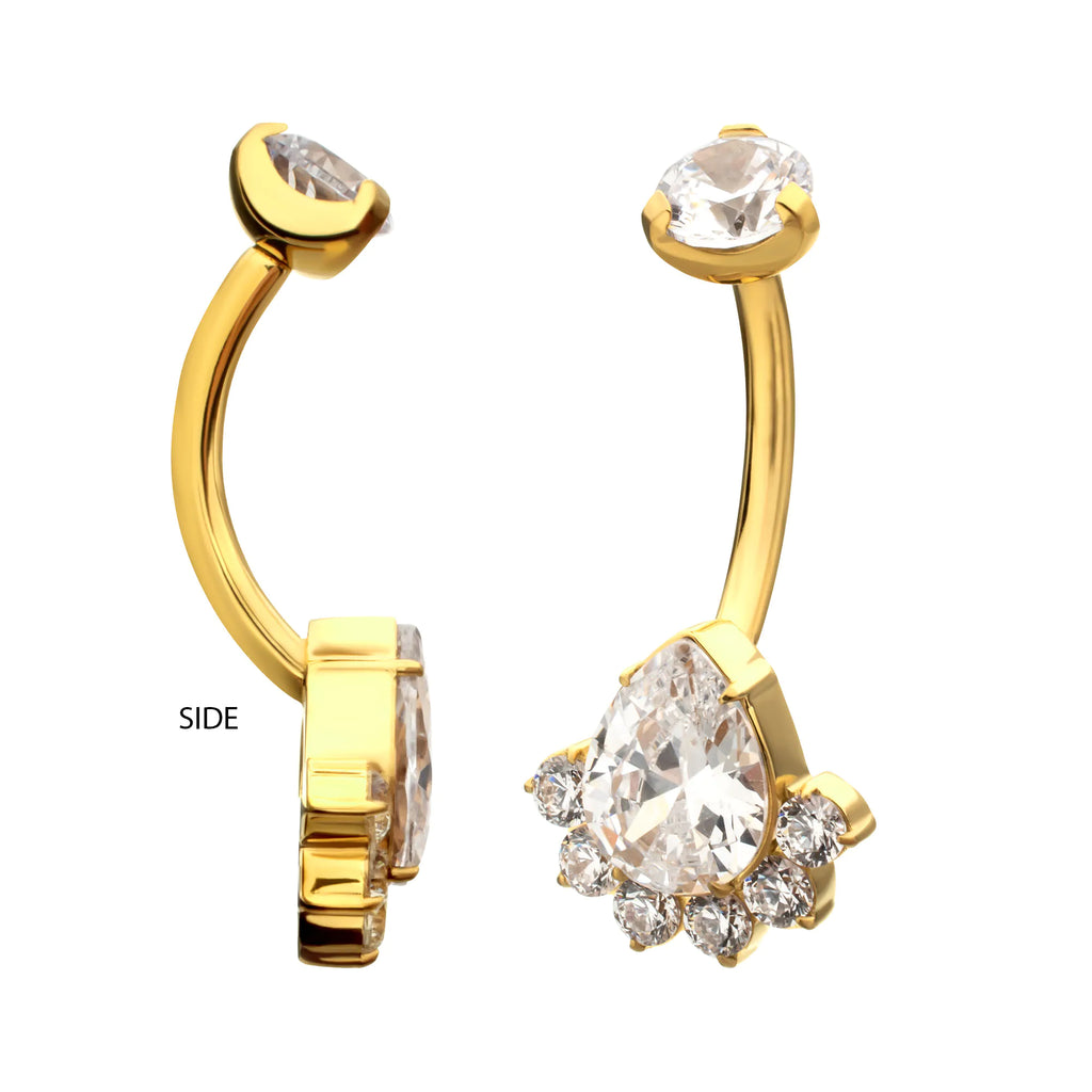 24Kt Gold PVD Titanium Internally Threaded Royal Cluster Teardrop Gem Non-Dangle Navel