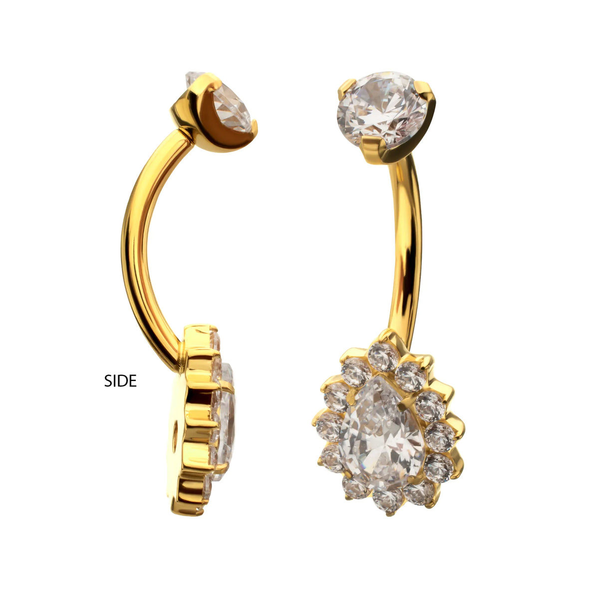 24Kt Gold PVD Titanium Internally Threaded Teardrop Halo with Clear Gem Edge Non-Dangle Navel
