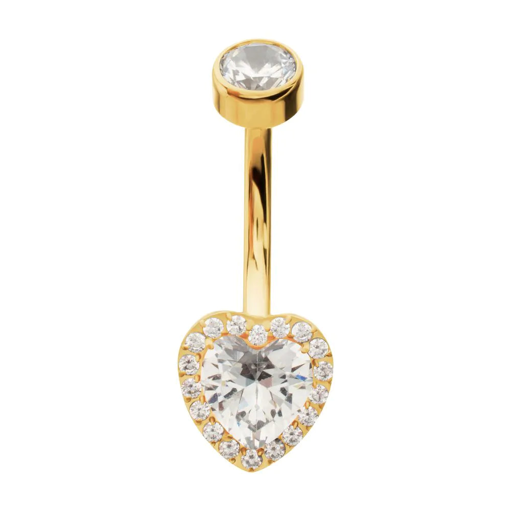 24Kt Gold PVD Titanium Internally Threaded Radiant Heart Halo with Clear Gem Edge Non-Dangle Navel