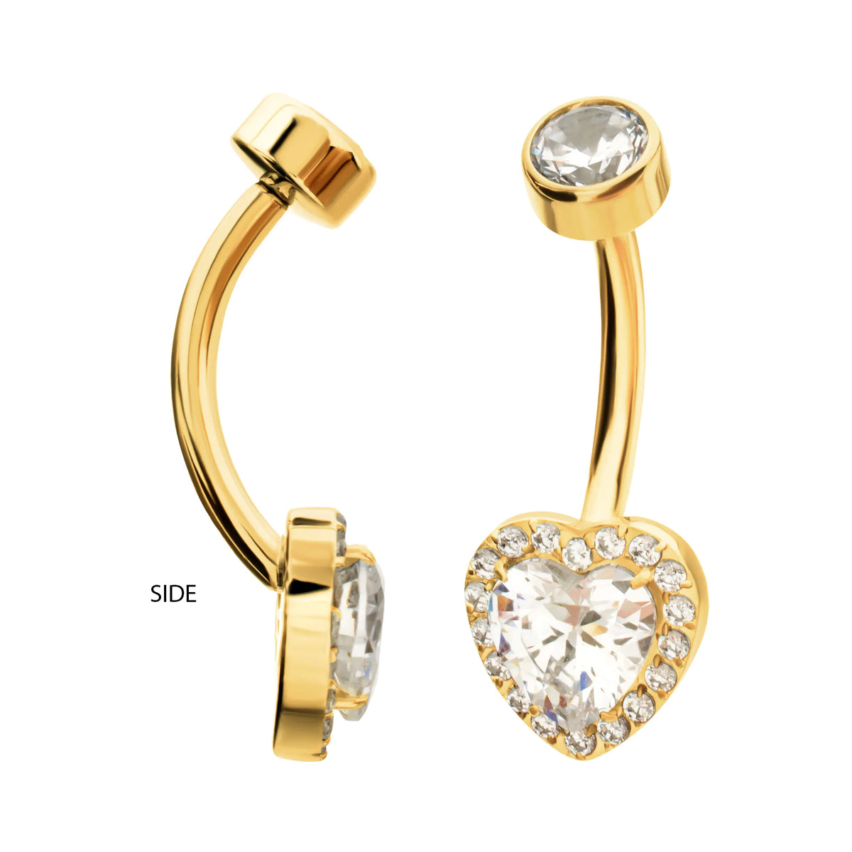 24Kt Gold PVD Titanium Internally Threaded Radiant Heart Halo with Clear Gem Edge Non-Dangle Navel
