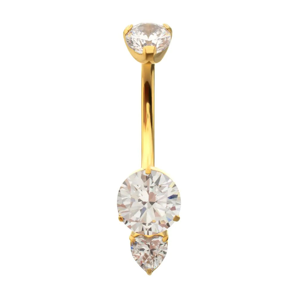 24Kt Gold PVD Titanium Internally Threaded Luxe Drop Heart Gem Non-Dangle Navel
