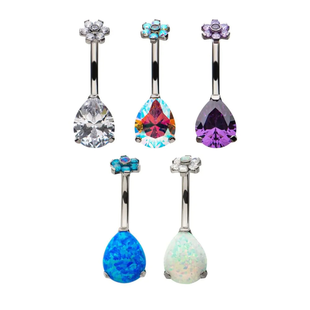 Titanium Internally Threaded with Prong Set AAA CZ & Synthetic Opal Flower Top and Teardrop Bottom Non-Dangle Navel