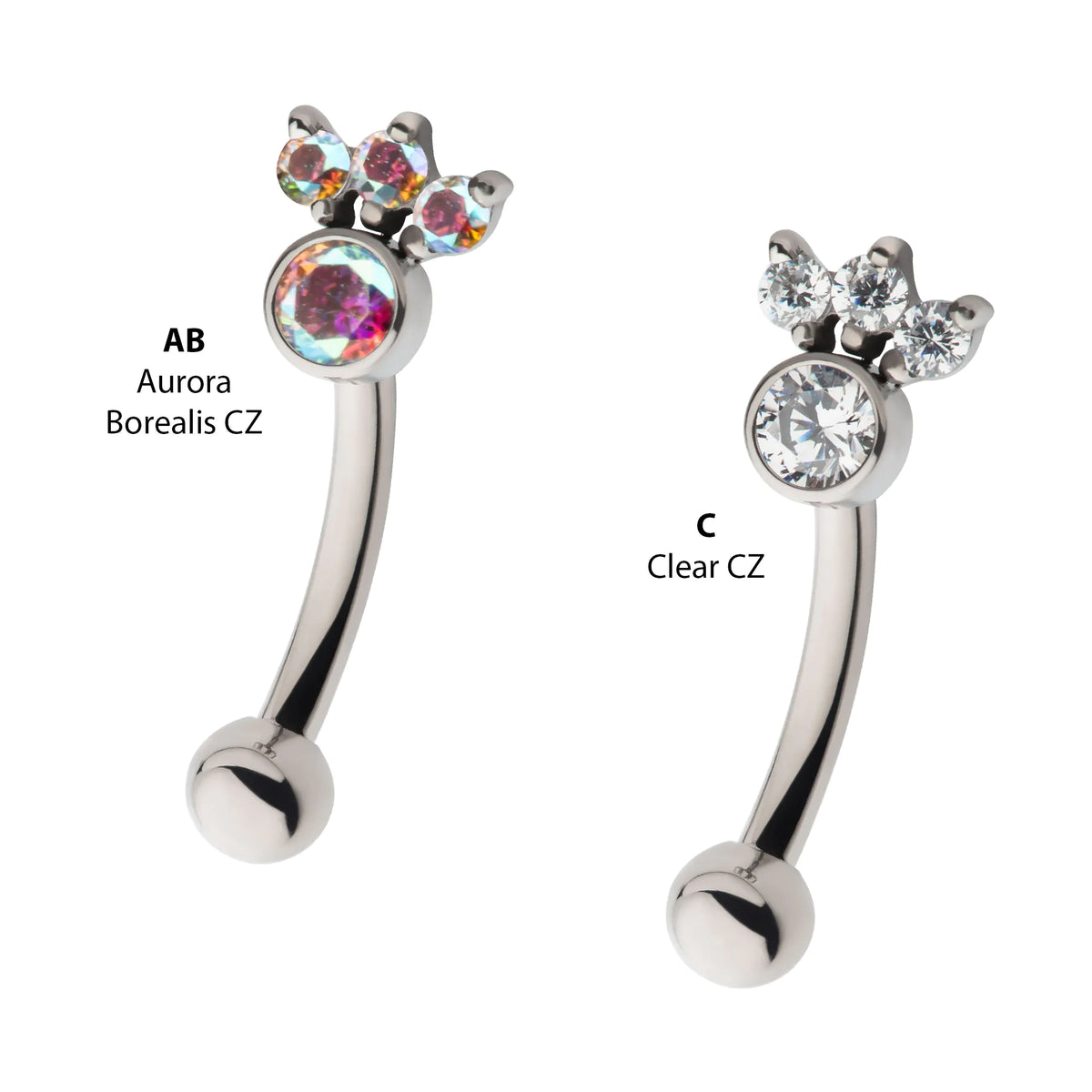 Titanium Internally Threaded Trinity Prong Set Gem & Bezel Round Gem Fixed Top Curved Barbell