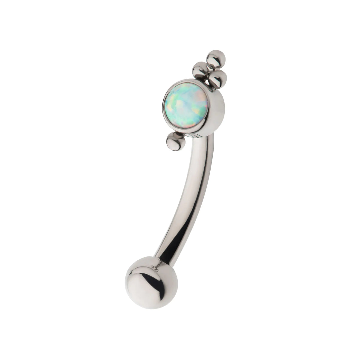 Titanium Internally Threaded Tri Bead & Bezel Set White Opal Fixed Top Curved Barbell