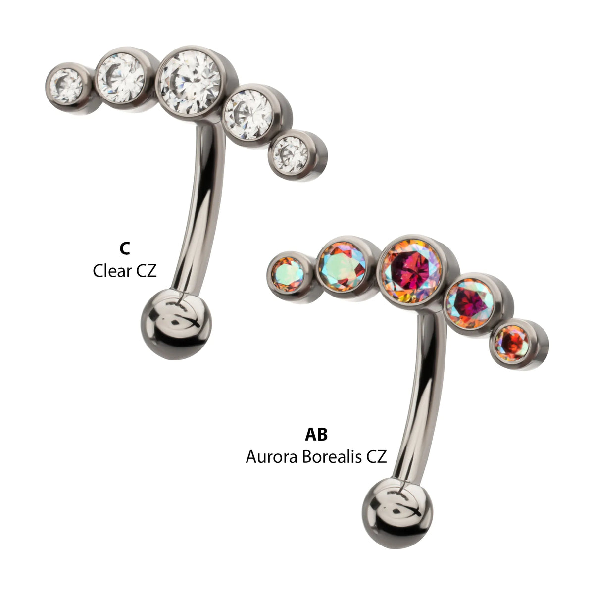 Titanium Internally Threaded 5-Cluster Bezel Set Gem Fixed Top Curved Barbell