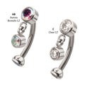 Titanium Internally Threaded Bezel Gem Fixed Top Curved Barbell with Floating Gem Dangle