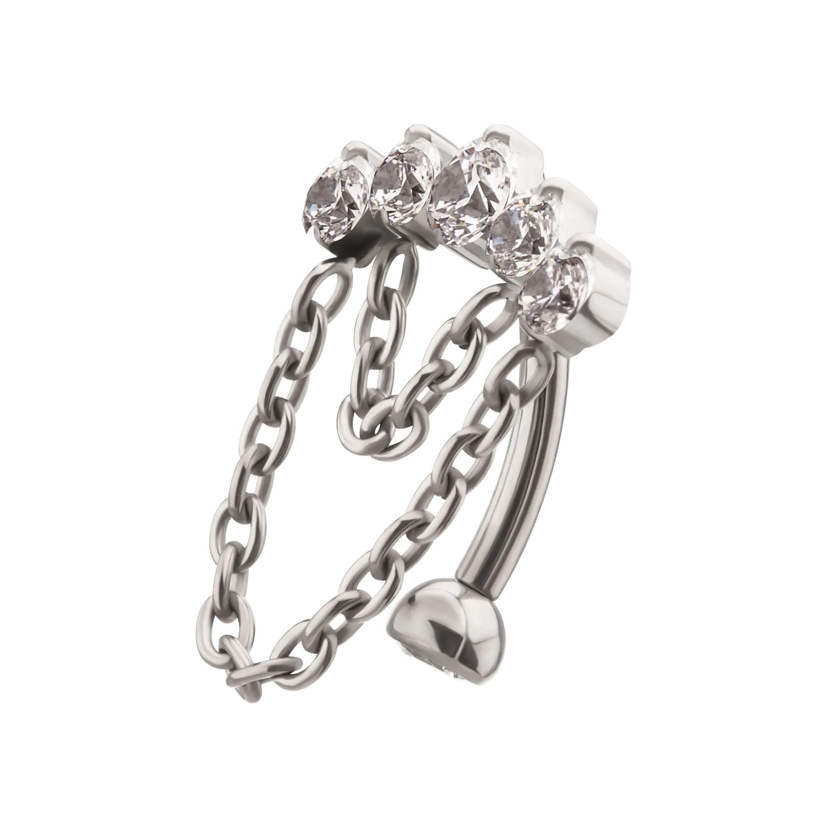 Titanium Internally Threaded 5-Cluster Prong Gem Fixed Top Curved Barbell with 2 Tier Chain Dangle