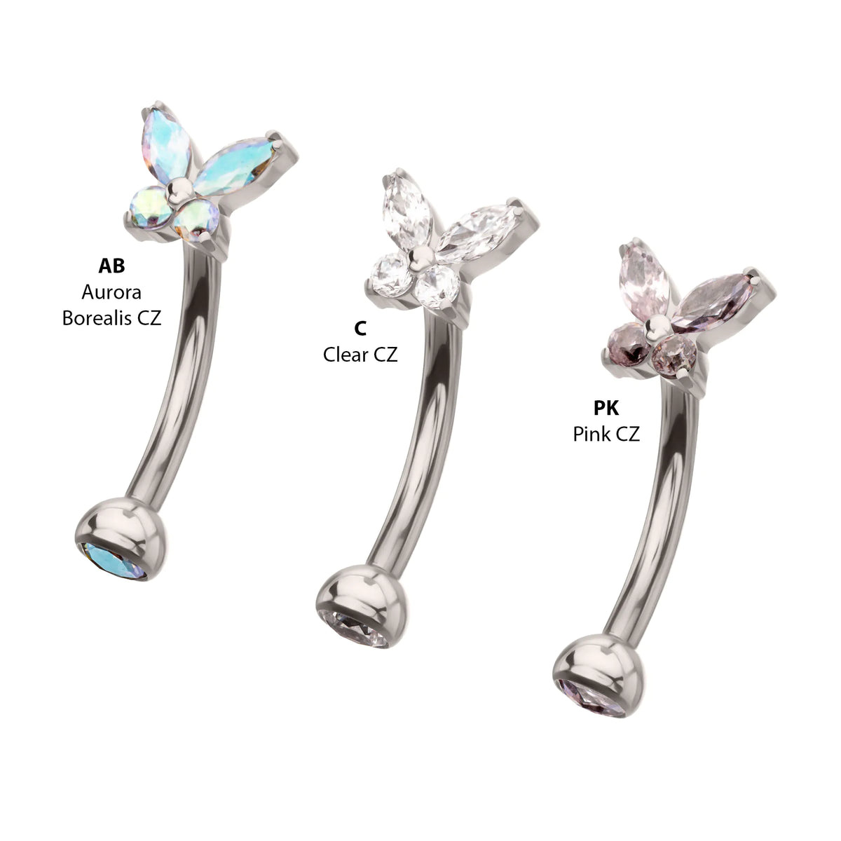 Titanium Internally Threaded Butterfly Fixed Top Curved Barbell with Prong Set Marquise & Round Gem