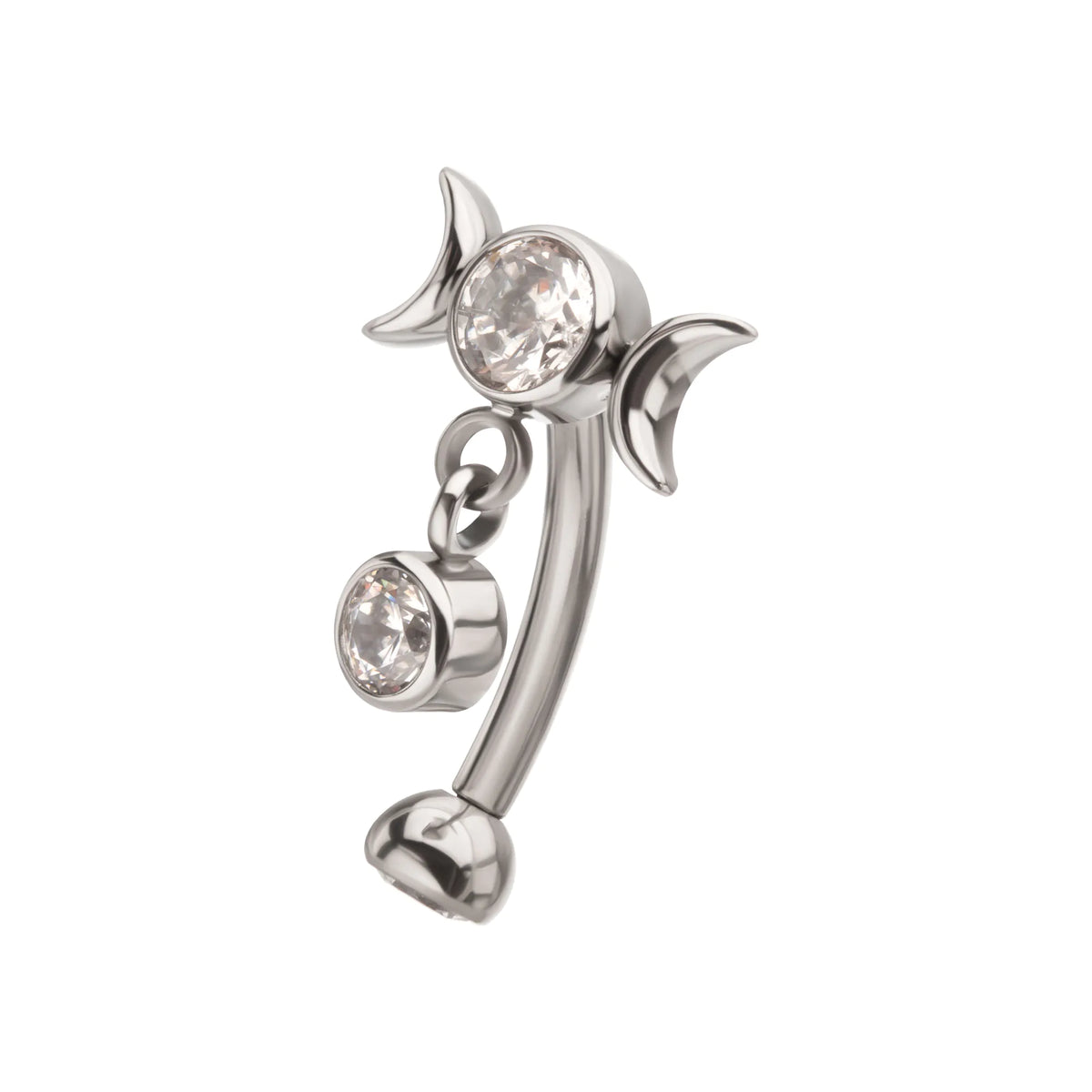 Titanium Internally Threaded Gem Triple Moon Phase Fixed Top Curved Barbell with Floating Bezel CZ Dangle