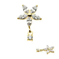 24Kt Gold PVD Titanium Internally Threaded 5 Marquise CZ Flower Shape Top with Dangle Prong Set Round CZ