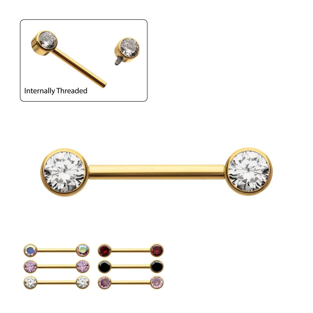 24Kt Gold PVD Titanium Bezel Set Gem End Nipple Barbell (One Side Fixed, One Side Internally Threaded) | Sold by piece