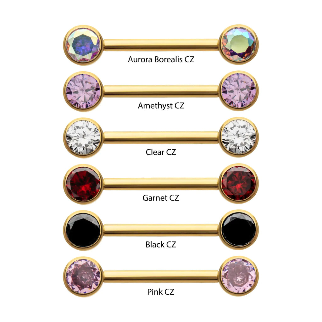 24Kt Gold PVD Titanium Bezel Set Gem End Nipple Barbell (One Side Fixed, One Side Internally Threaded) | Sold by piece