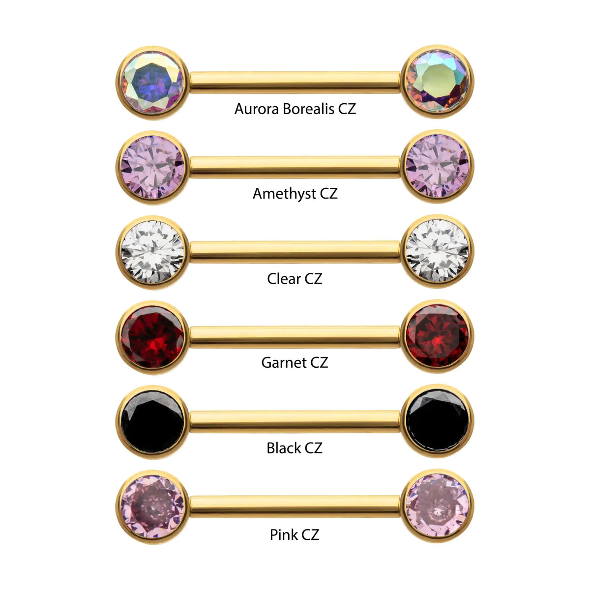 24Kt Gold PVD Titanium Bezel Set Gem End Nipple Barbell (One Side Fixed, One Side Internally Threaded) | Sold by piece