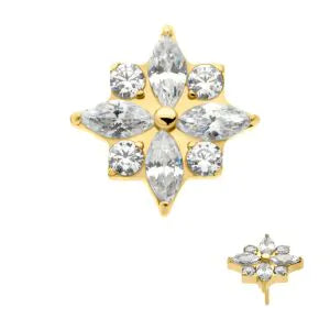 24Kt Gold PVD Titanium Threadless with 4 Marquise & 4 Round CZ Flower Shape Top
