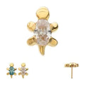 24Kt Gold PVD Titanium Threadless Low Profile 3D Sea Turtle Top with Prong Set Oval Gem