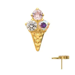 24kt Gold PVD Titanium Threadless Prong Set Multi-Gem Ice Cream with Cone Top