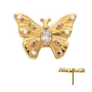 24kt Gold PVD Titanium Threadless Prong Set Gem Multi-Gem Butterfly Top