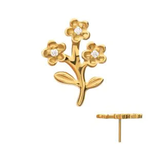 24kt Gold PVD Titanium Threadless Prong Set Gem Triple Flower & Stem Top