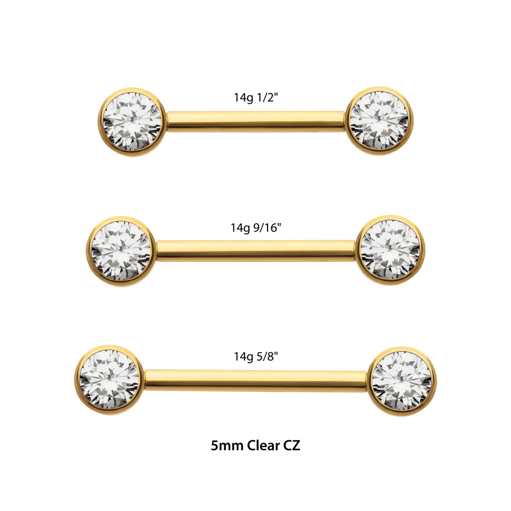 24Kt Gold PVD Titanium Threadless Bezel Set Gem End Nipple Barbell (One Side Fixed, One Side Threadless ) | Sold by piece