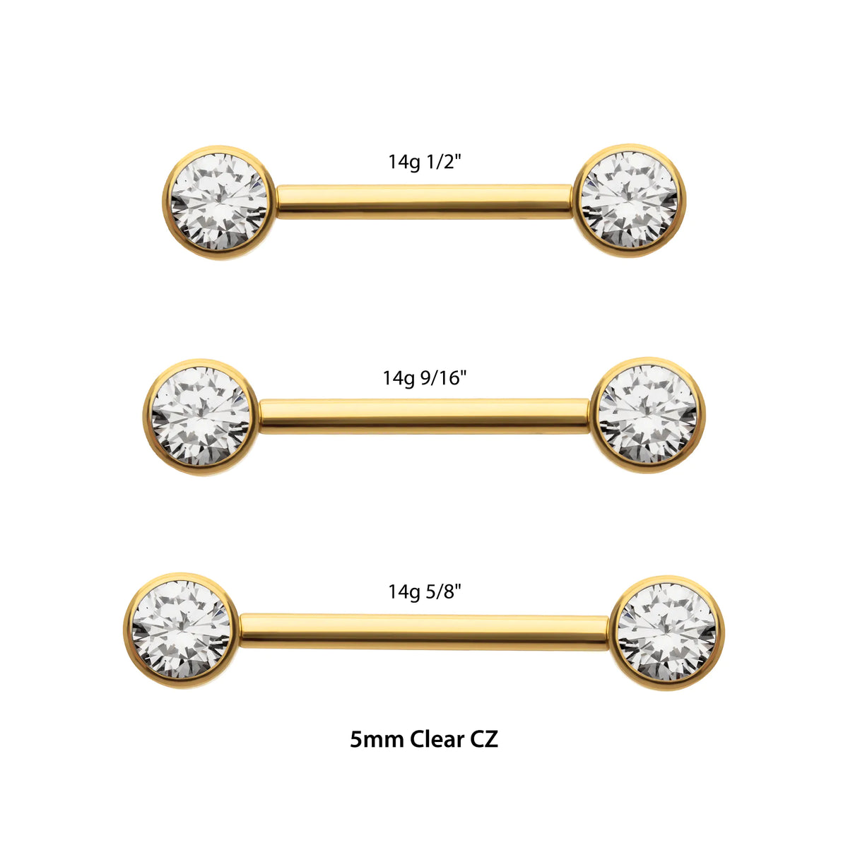 24Kt Gold PVD Titanium Threadless Bezel Set Gem End Nipple Barbell (One Side Fixed, One Side Threadless ) | Sold by piece