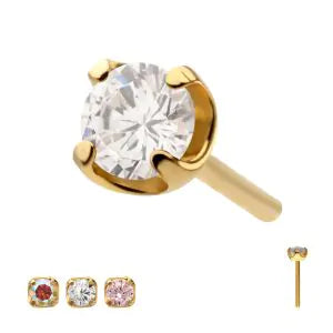 24Kt Gold PVD Titanium Threadless Flat Base Low Profile 4 Prong Round Gem Top