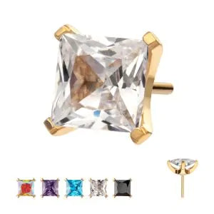 24Kt Gold PVD Titanium Threadless Flat Base Low Profile 4 Prong Princess Cut Gem Top