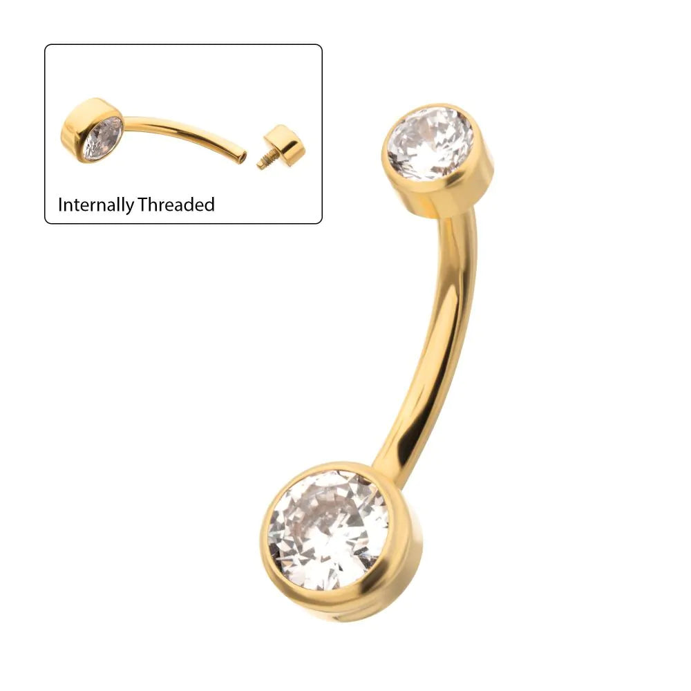 24Kt Gold PVD Titanium Internally Threaded Double Bezel Round with Smooth Rounded Back & Non-Dangle Navel