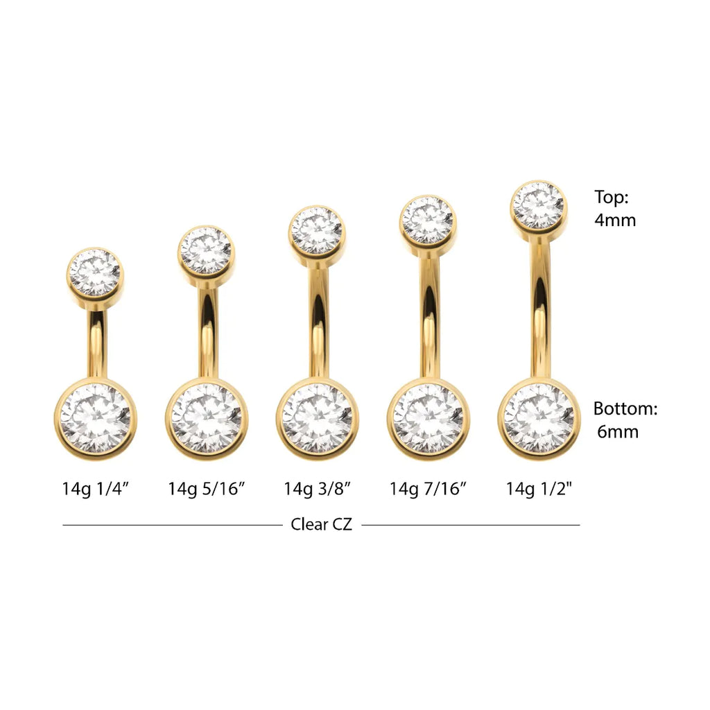 24Kt Gold PVD Titanium Internally Threaded Double Bezel Round with Smooth Rounded Back & Non-Dangle Navel