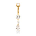 24Kt Gold PVD Titanium Internally Threaded Double Round Prong Set Gem with Teardrop Dangle Navel