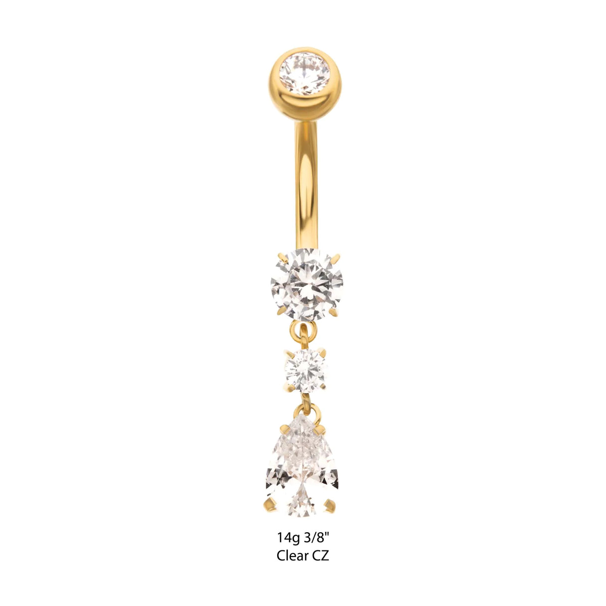24Kt Gold PVD Titanium Internally Threaded Double Round Prong Set Gem with Teardrop Dangle Navel