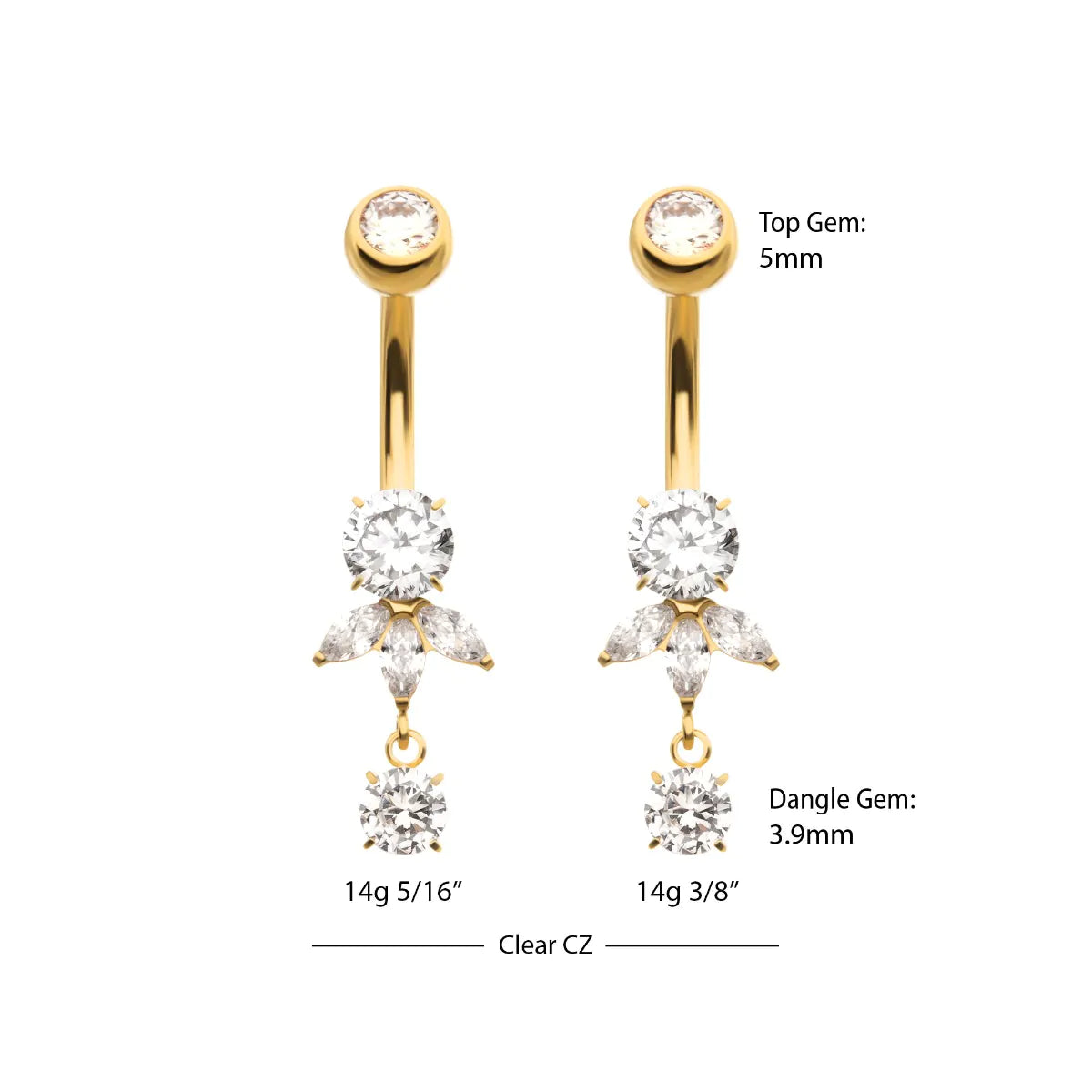 24Kt Gold PVD Titanium Internally Threaded Triple Marquise Gem Fan with Floating Round Gem Dangle Navel