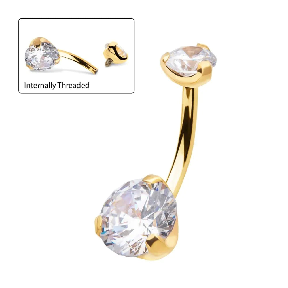 24KT Gold PVD Titanium Internally Threaded Double Prong Set Clear CZ Non-Dangle Navel