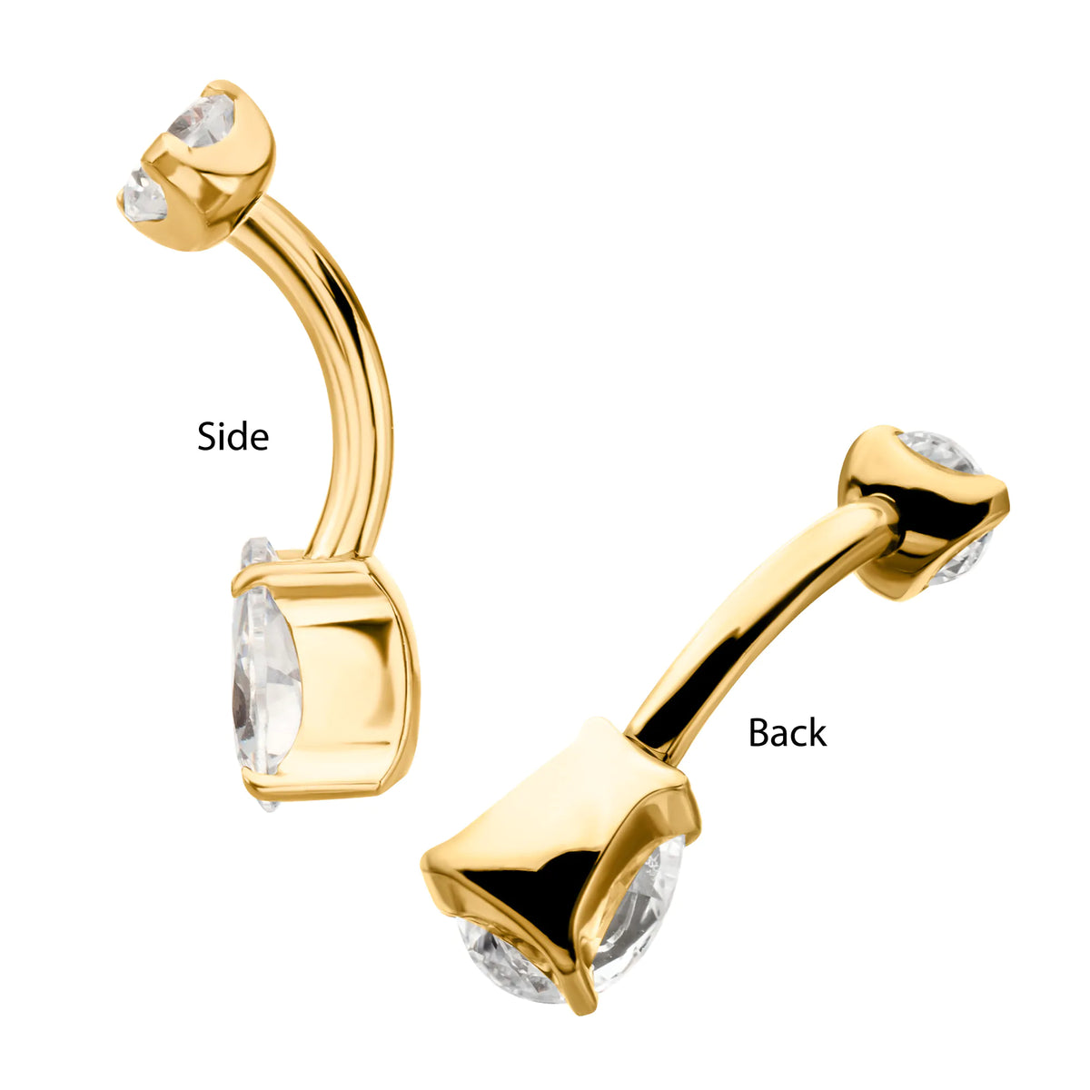 24Kt Gold PVD Titanium Internally Threaded Double Teardrop with 4-Prong Bottom Gem Non-Dangle Navel