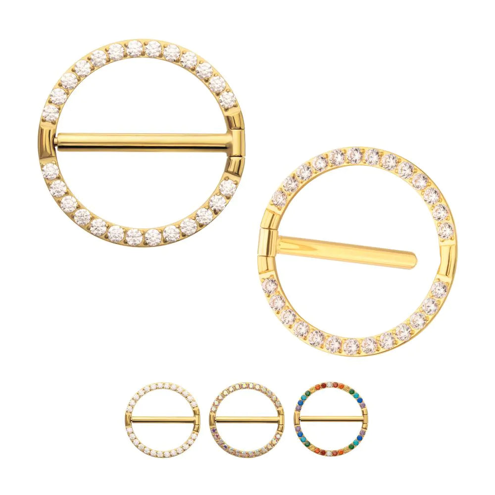 24Kt Gold PVD Titanium CNC Set Gem Nipple Ring Clicker | Sold by piece
